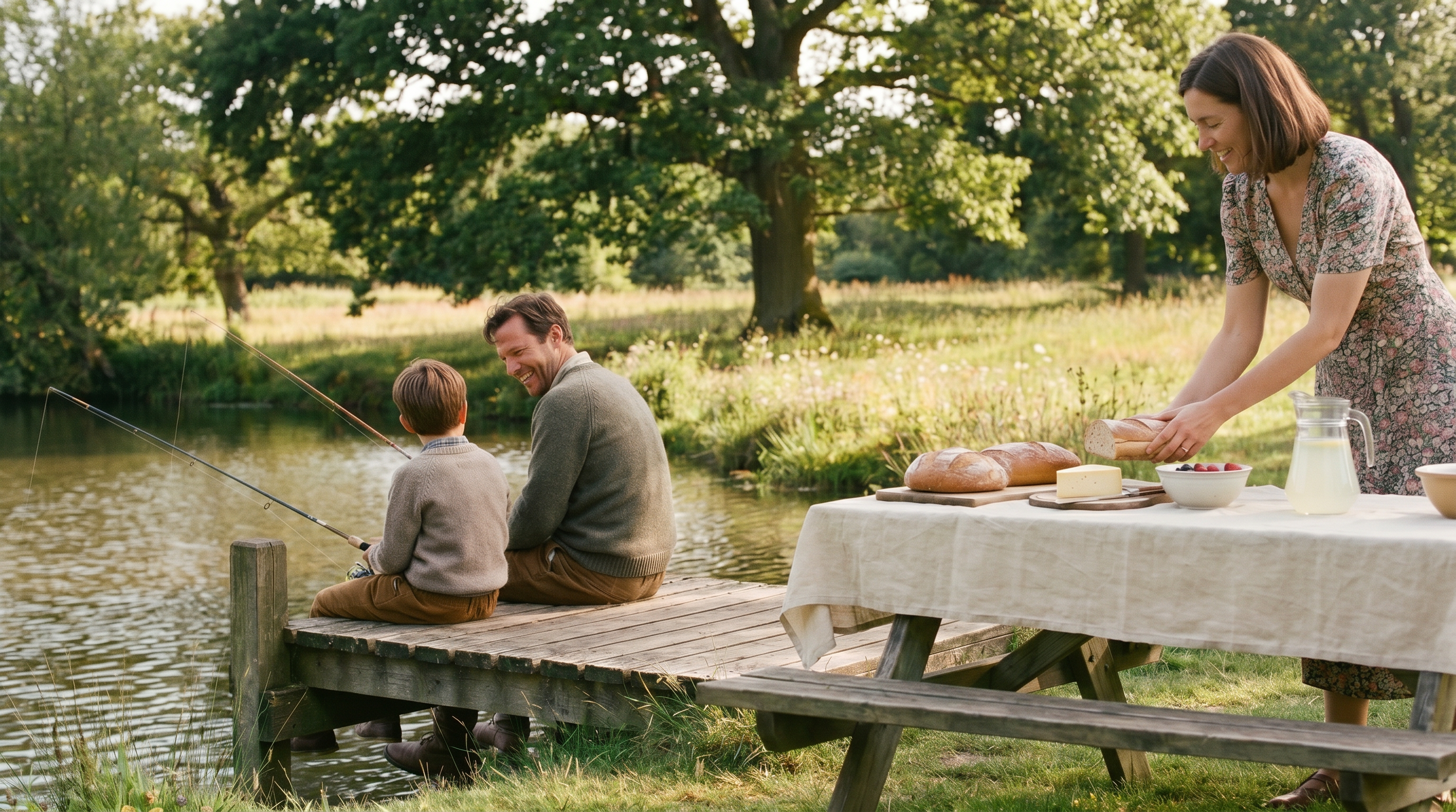 Family fishing and picnicking by the lake