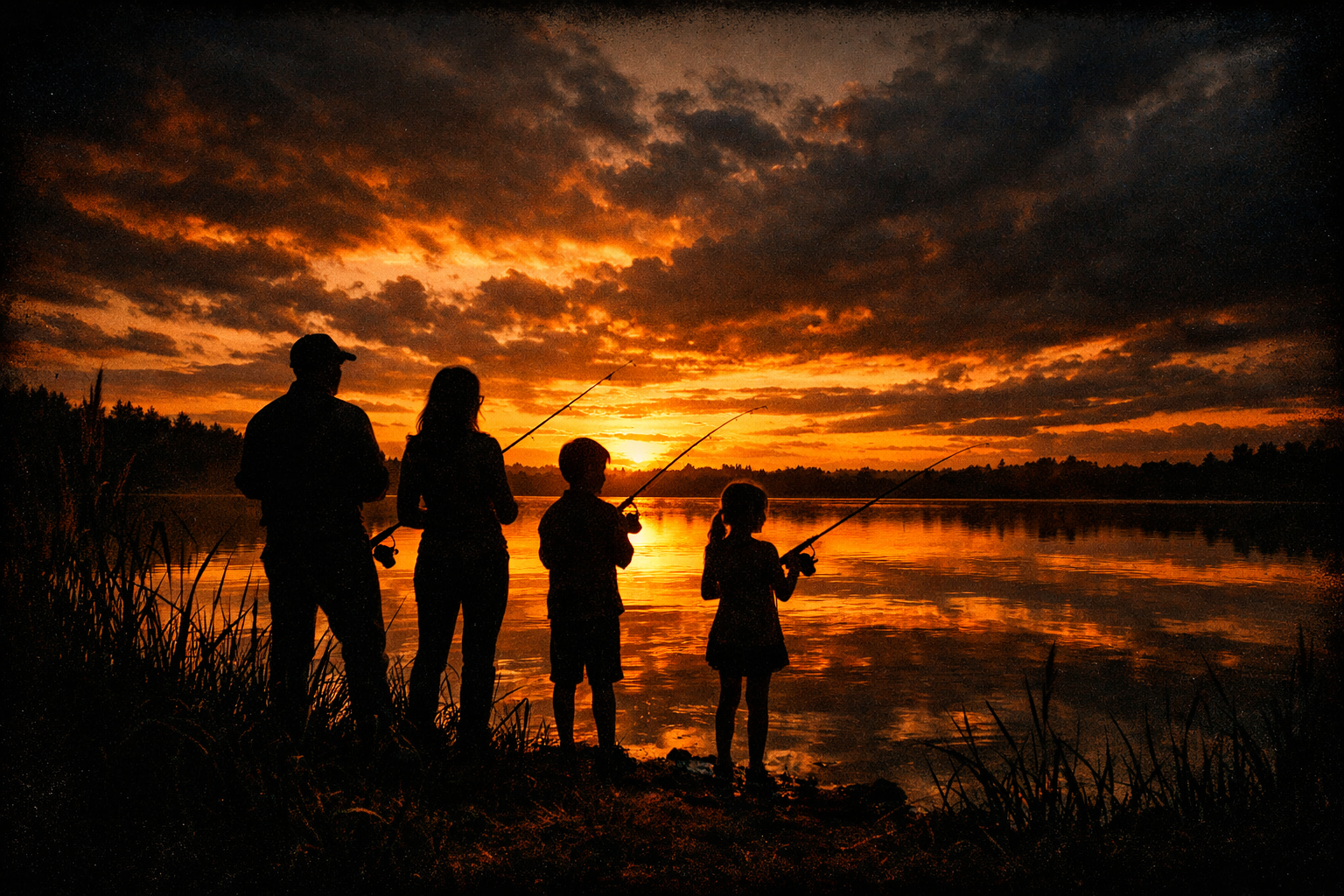 Family fishing at sunset