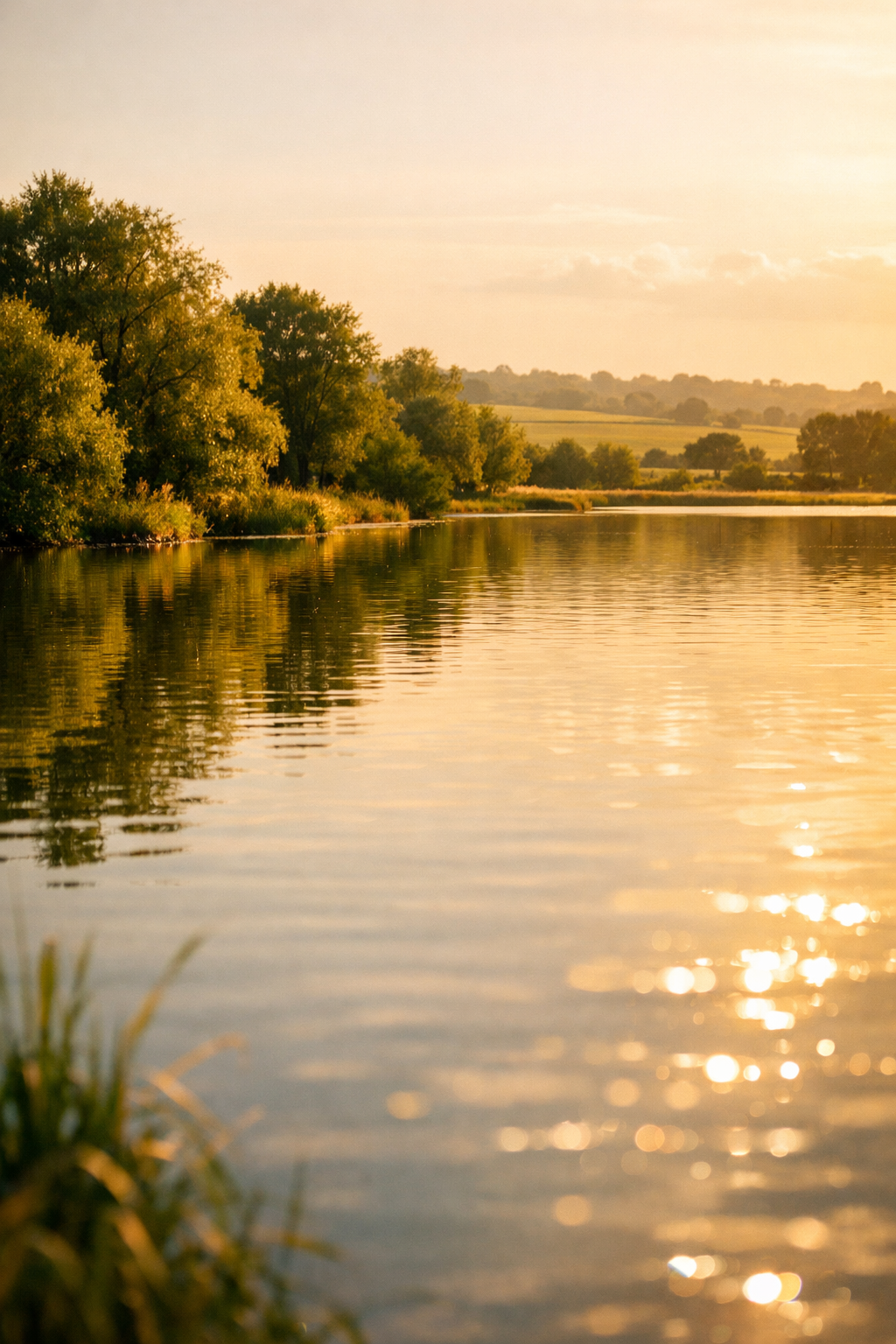 Sunlit UK lake with calm water